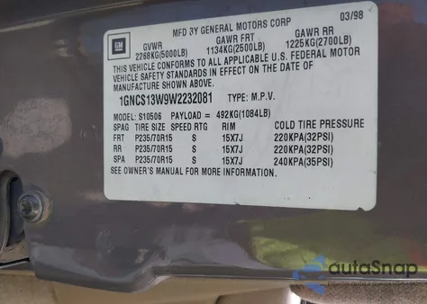 1998 Chevrolet Blazer Ls z USA, uszkodzony, nr VIN 1GNCS13W9W2232081